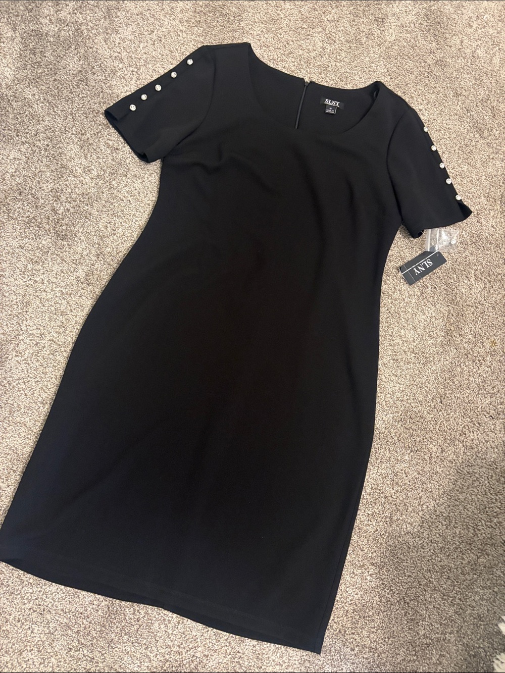 New SLNY Black Midi Shift Dress with Decorative Sleeve Buttons